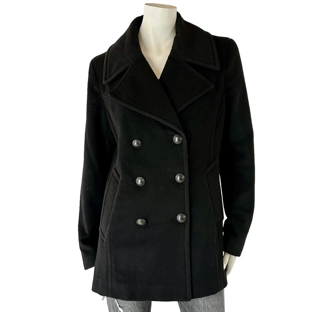 Stunning Karl Lagerfeld Black Double Breasted Wool Cashmere Pea Coat Jacket - Picture 1 of 11